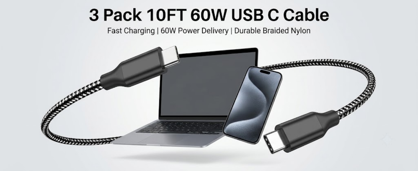 3 pack 10ft 60w usb c cable