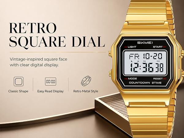 Vintage square face wristwatch, easy read LCD screen, classic retro metal style