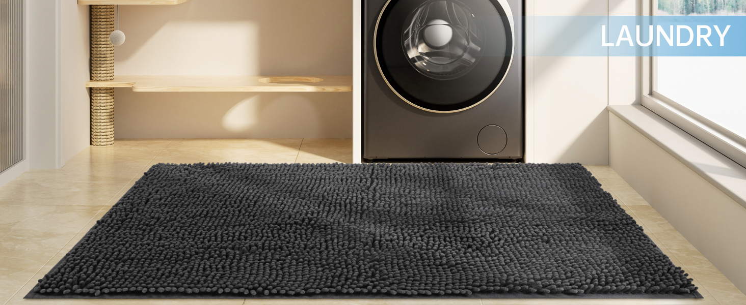 A chenille mat is placed in the laundry room.