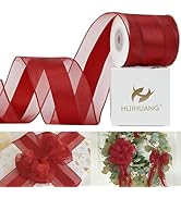HUIHUANG Red Sheer Wired Ribbon with Satin Stripe 2.5 inch Red Christmas Ribbon for Trees, Bows M...