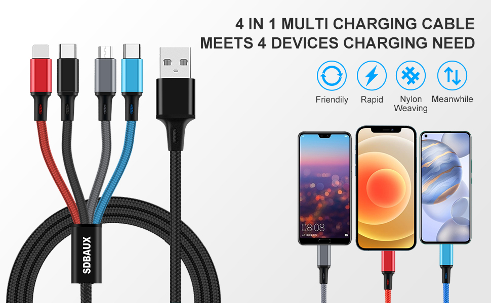 Text reads '4 IN 1 MULTI CHARGING CABLE MEETS 4 DEVICES CHARGING NEED'. Black multi-connector charging cable with red, black, and blue connectors, shown with compatible phone models.