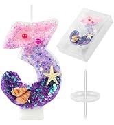 Birthday Candles, Pink and Purple Number 3 Candles Decorated with Conchs Starfish and Pearls for ...