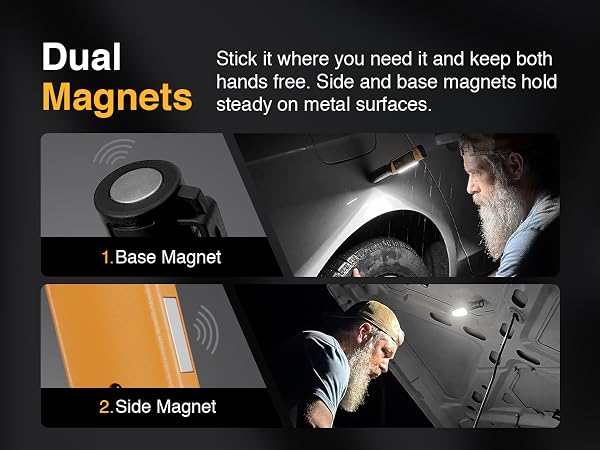 Dual Strong Magnets, Stick it where you need it and keep both hands free, Side and Base Magnets
