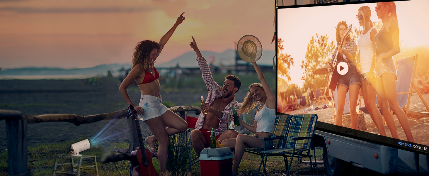 Outdoor movie screening setup at sunset, with people enjoying film projected onto large screen in warm golden lighting.