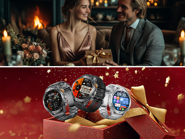 Split image: top shows couple at candlelit dinner table with flowers; bottom displays three digital watches with red accents and gold-toned accessories on festive red background with bokeh lights.