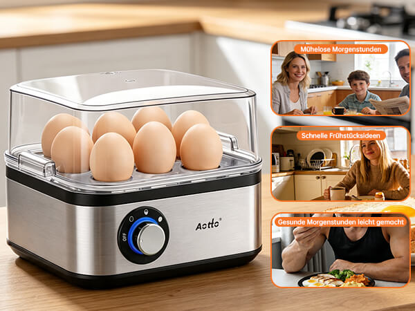 Egg cooker with stainless steel base, clear lid, and blue rotary dial control. Left shows six eggs in transparent compartment. Right panel displays three photos of families using the product.