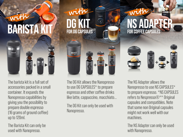 Coffee accessory kits for portable espresso makers. Includes Barista Kit, DG Kit for capsules, and NS Adapter for different coffee preparation methods.