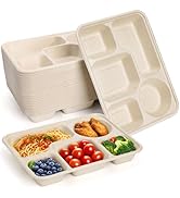 Hacaroa 50 Pack 5 Compartment Paper Plates Disposable, 11" x 8" Compostable Bagasse Plate School ...