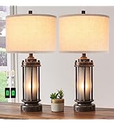 Set of 2 Farmhouse Lamps for Living Room, Rustic Vintage Bedroom Nightstand Table Lamp with 2 USB...