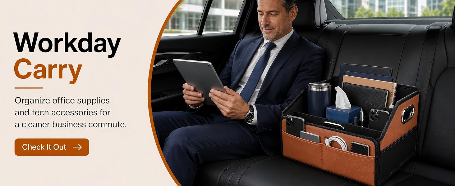 Organize office supplies and tech accessories for a cleaner business commute.
