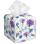 Watercolor Flowers and Dragonflies Tissue Box Cover Square,Purple Blue Floral Tissue Box Holder W...