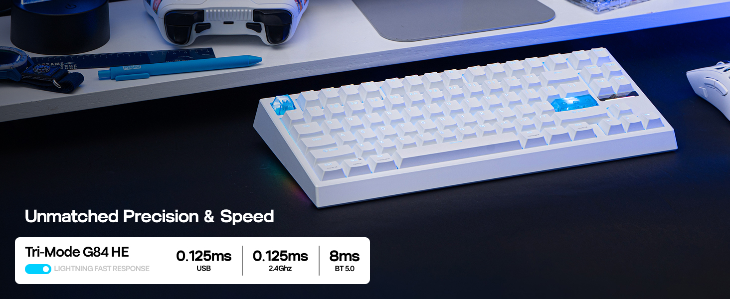 Text reads 'Unmatched Precision & Speed'. White mechanical keyboard with blue LED backlighting, shown against dark surface with performance metrics displayed below.