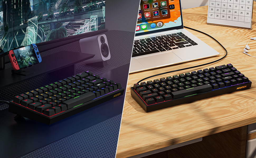 Split-screen showing mechanical keyboards in two settings: left side displays RGB-lit gaming keyboard with blue backlighting on desk; right side shows black mechanical keyboard on wooden desk with laptop and desk accessories.