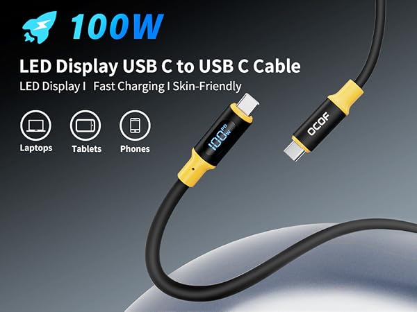 Text reads '100W LED Display USB C to USB C Cable' with 'LED Display | Fast Charging | Safe-Friendly' tagline. Black cable with yellow and white connectors shown against dark background with laptop, tablet, phone icons.