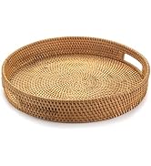 YANGQIHOME Rattan Round Serving Tray, Hand Woven Serving Basket with Cut - Out Handles, Wicker Fr...