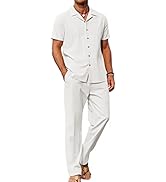 COOFANDY Men 2 Piece Linen Outfit Beach Button Down Shirt Casual Loose Pant Sets