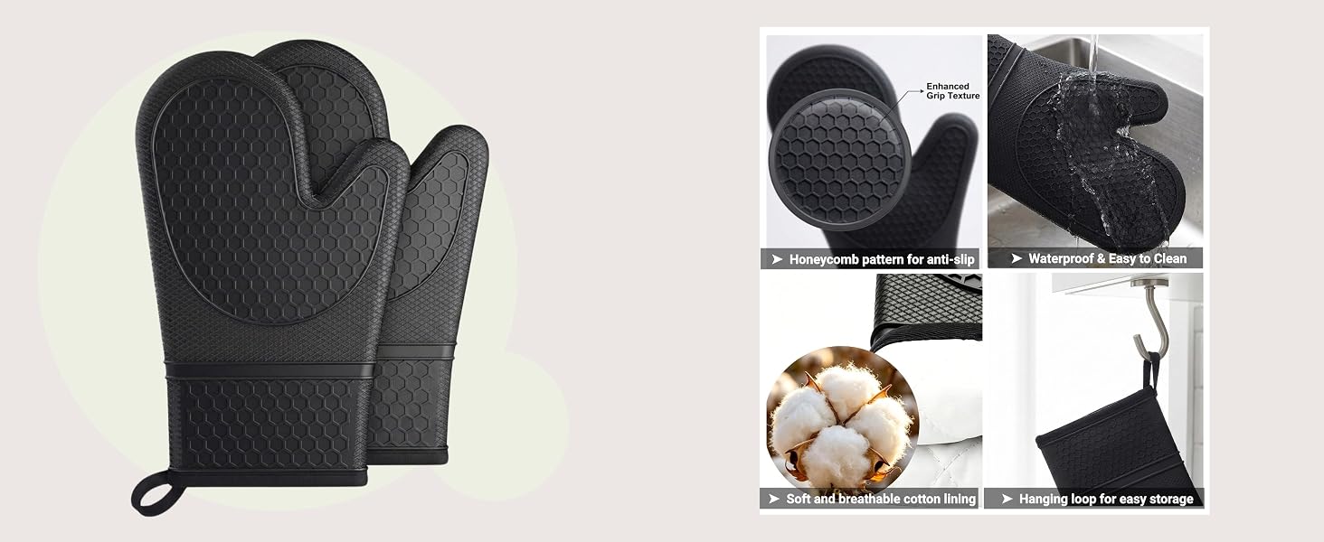 Silicone Oven Mitts - Anti-Slip Grip Waterproof with Cotton Lining and Hanging Loop for Easy Storage