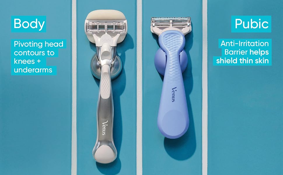 A regular Venus razor and the Venus Pubic Hair & Skin Razor is shown which helps protect thin skin.
