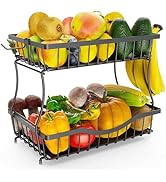 Zurklulu 2-Tier Fruit Basket for Kitchen Counter with 2 Banana Hangers – Metal Fruit Bowl for Oni...