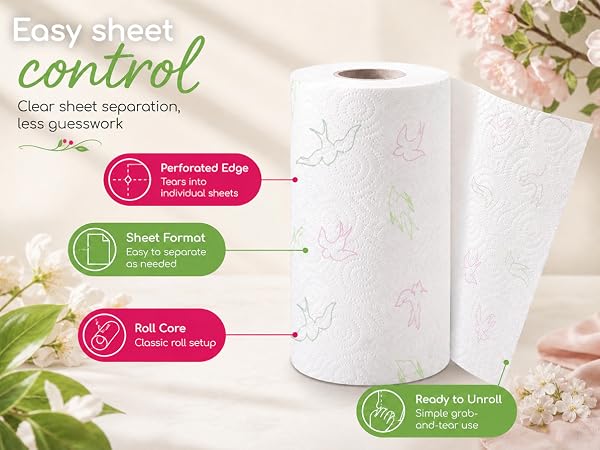 Paper towel roll unrolling to show clean perforation lines for ready-to-use single sheets