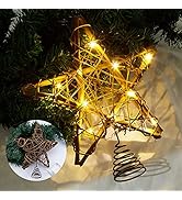 LAWOHO Christmas Tree Topper Star, 10-inch Rustic Brown Rattan Natural with 10 Warm White Lights ...