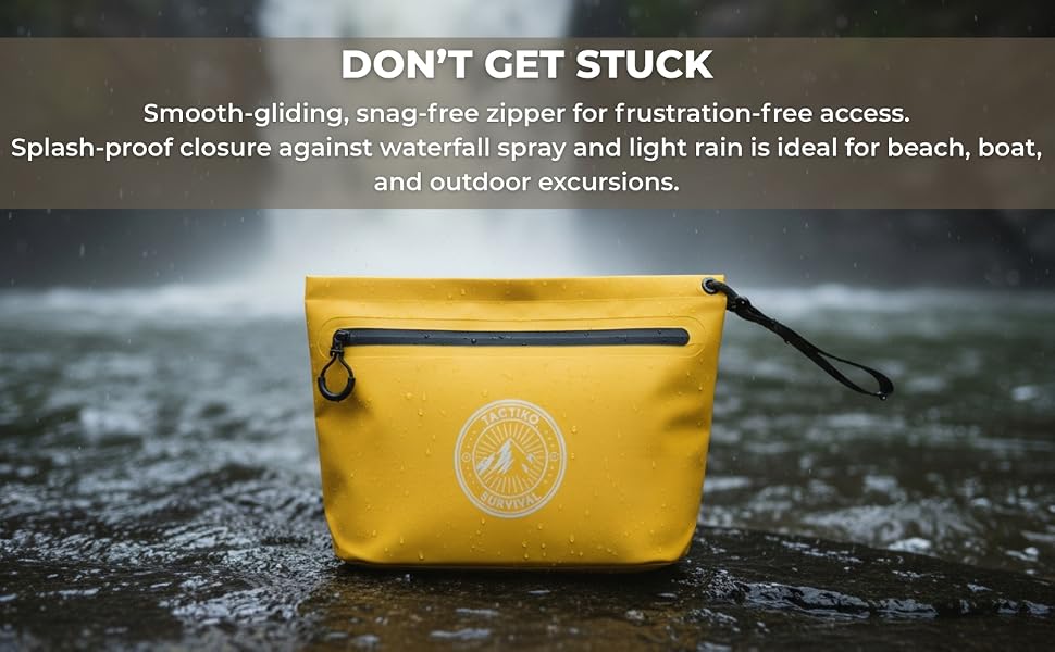 Yellow pouch on a wet rock in front of a waterfall