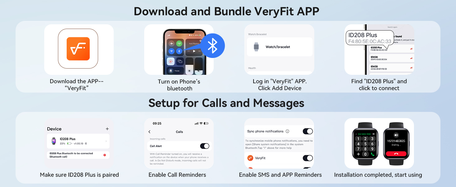 Text reads 'Setup for Calls and Messages'. Multiple interface screenshots showing mobile app setup screens and configuration options.