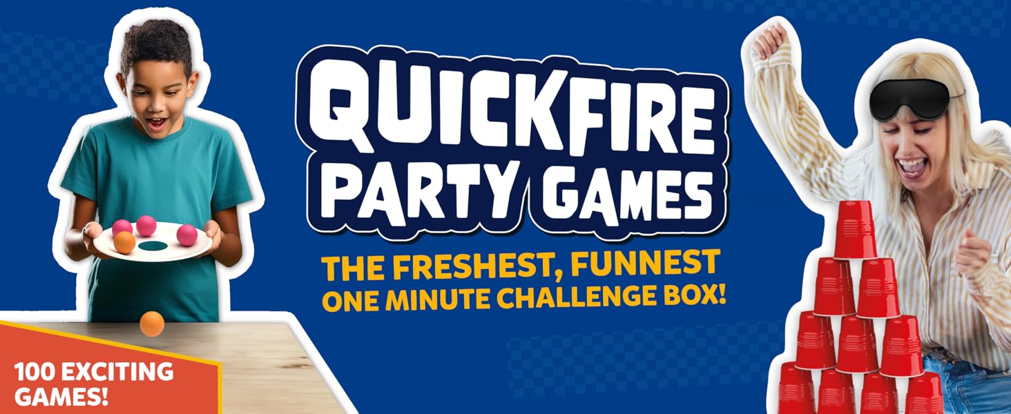 Quickfire Party Games box featuring '100 exciting games' and 'one minute challenge' with images of people playing party games.