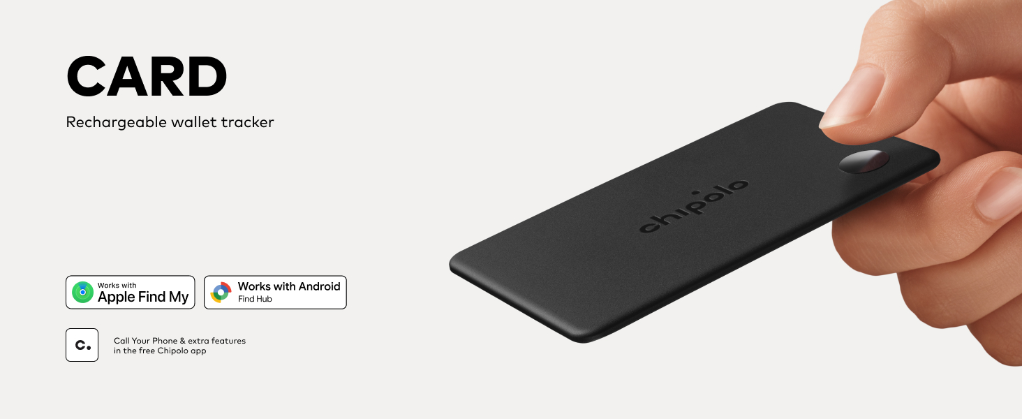Text reads 'CARD'. Black rectangular slim card or holder being held in hand, with small text/logos visible on lower edge indicating product specifications or certifications.
