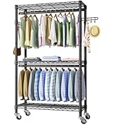 Heavy Duty Clothes Rack Rolling Garment Rack,3 Tier Adjustable Wire Shelving Clothing Racks for H...