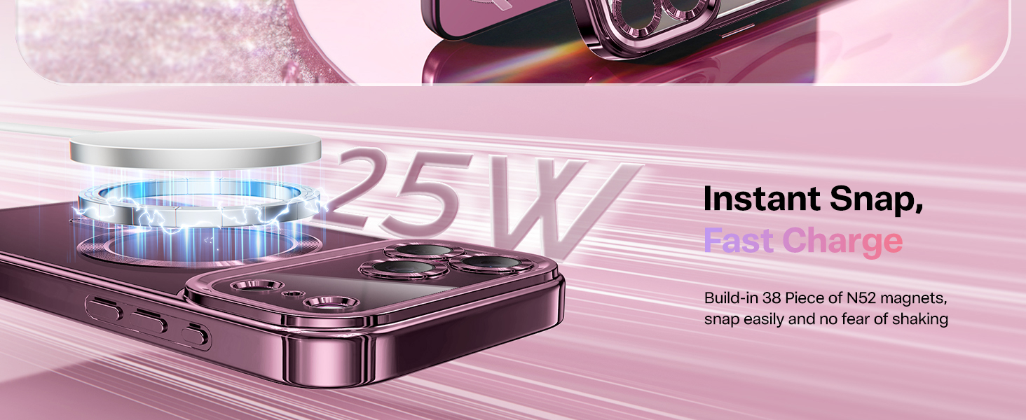 Text reads '25W Instant Snap. Fast Charger.' Pink smartphone charger device with blue LED display showing 25W power output and rapid charging capability.