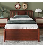 Giantex Twin Bed Frame With Headboard, Mid Century Solid Wood Platform Bed, Single Panel Bed With...