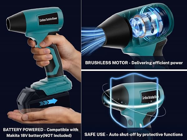Electric Air Duster cordless features brushless motor and has protective functions
