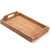 Rattan Serving Tray, Hand Woven Tray with Handles, Rectangular Wicker Basket Tray for Coffee Tabl...