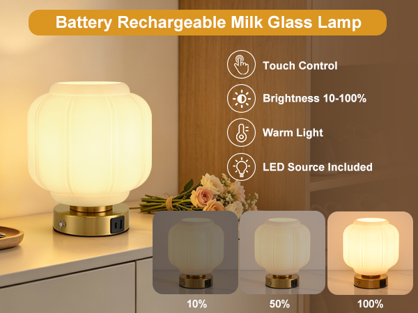 Rechargeable Table Lamp Cordless Milk Glass Bedside Lamp Small white and gold