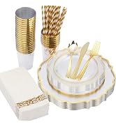 ISFANGCO 200 PCS Baroque Clear Gold Dinnerware Set for 25 Guests,Gold Rimmed Heavy Duty Plastic D...