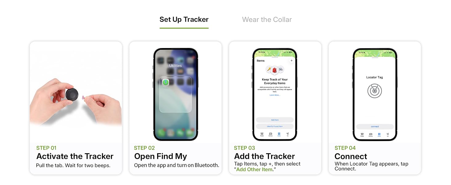 Four steps to pair the locator tag in the Apple Find My app pull the tab and connect