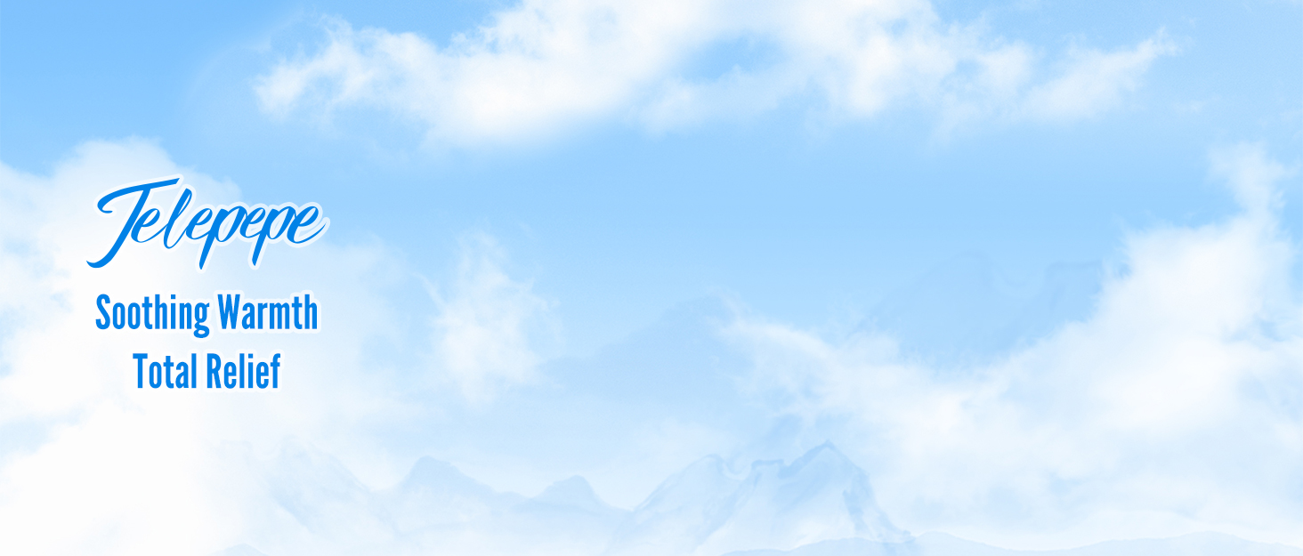 Blue product image with text 'Floppe' and 'Soothing Warmth Facial Relief' against a light blue sky background with clouds.