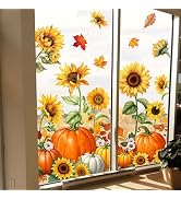 JarThenaAMCS 9 Sheets Fall Sunflower Window Clings Thanksgiving Pumpkin Leaves Window Stickers Do...