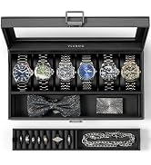 Vlando 6-Slot Watch Case for Men, Watch Box with Glass Lid, Storage for Rings, Keys, Business Tex...