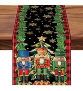 Croar Christmas Nutcracker Dining Table Runner, Xmas Tree Gold Snowflake Holly Red Berries Burlap...