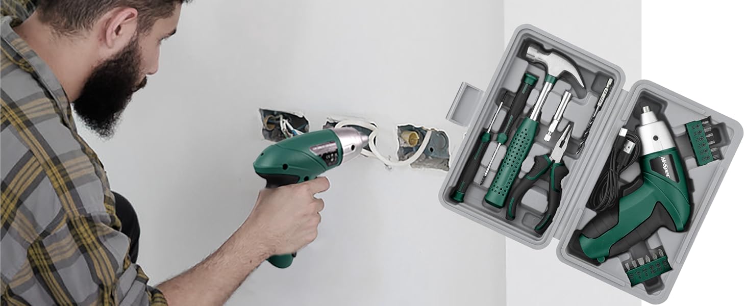 Hi-Spec 19pc 3.6V Green USB Small Power Screwdriver & Home DIY Tool Kit Set