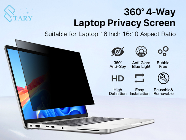 Text reads 'Laptop Privacy Screen', '360° 4-Way', 'Suitable for Laptop 16 inch 16:10 Aspect Ratio'. Product images showing laptop privacy filter with anti-glare features.