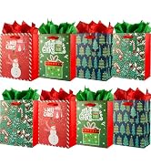 BLEWINDZ 12Pcs Christmas Gift Bags with Tissue Papers, 9" Small Christmas Treat Bags for Gifts wi...