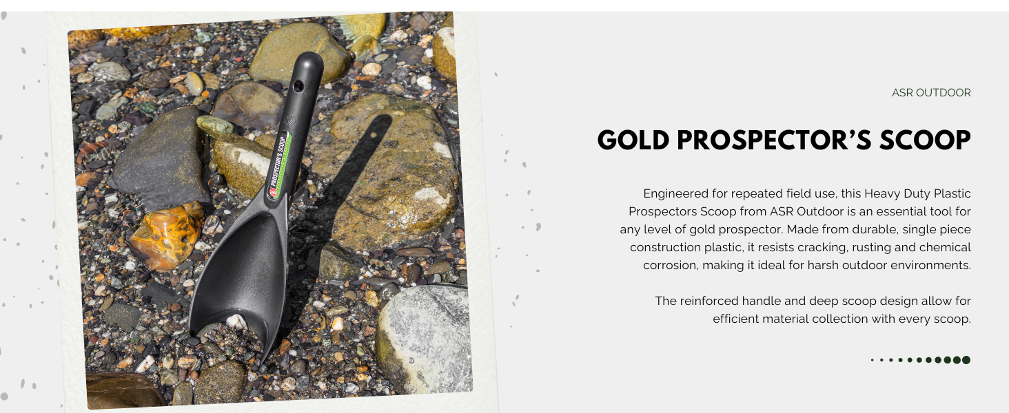heavy duty plastic gold prospecting scoop lifestyle image with product description text