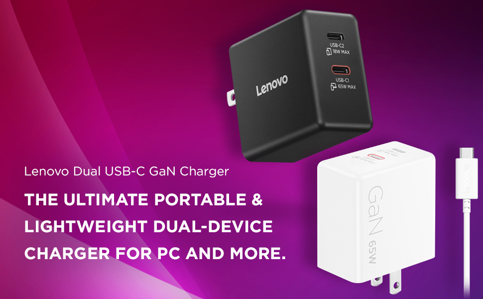 Lenovo Dual USB-C 65W GaN Charger, 2 USB-C Ports