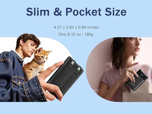 Slim Portable Charger, Pocket Size, Weighing 6.35 oz/180g, measuring 4.57 x 2.83 x 0.66 inches.