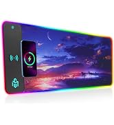 Mouse Pad Gaming Wireless Charging, 800x300x4mm Extended Desk Mat with 10 RGB Light Modes, Non-Sl...