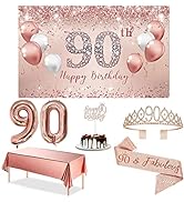 Trgowaul 90th Birthday Decorations Party Set for Women, Rose Gold 90 Birthday Banner and Tableclo...