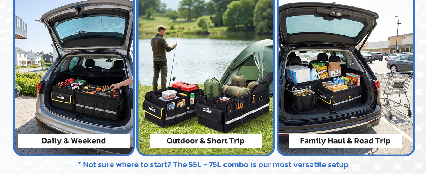 Purchase different sizes of trunk organizer in combination to meet all needs